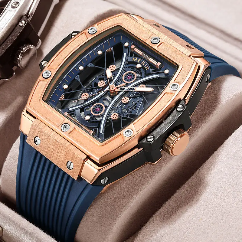 Megir 8109 Relojes Hombre оригинальный бренд силиконовые ремни модные спортивные часы Tonneau Роскошные Скелет