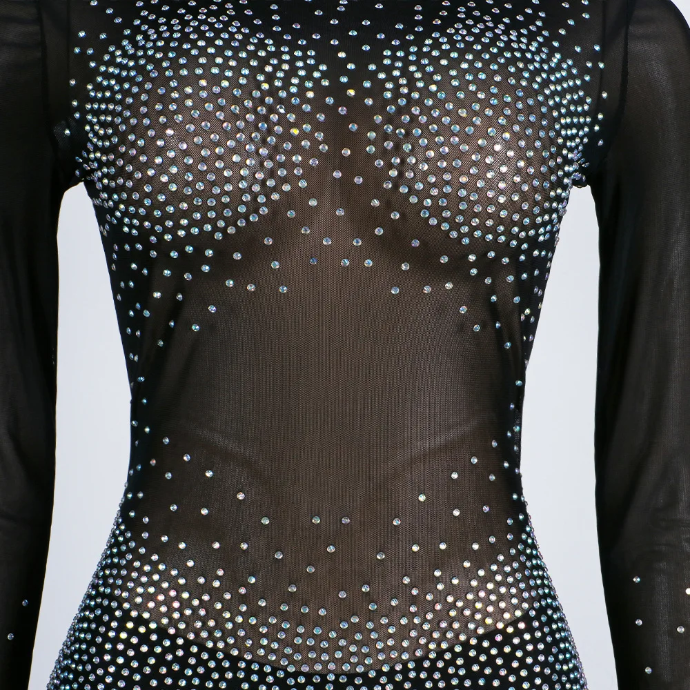 Drop Shipping Long Sleeve Bodycon Dresses Club Mesh Sexy Transparent Women Rhinestone Dress