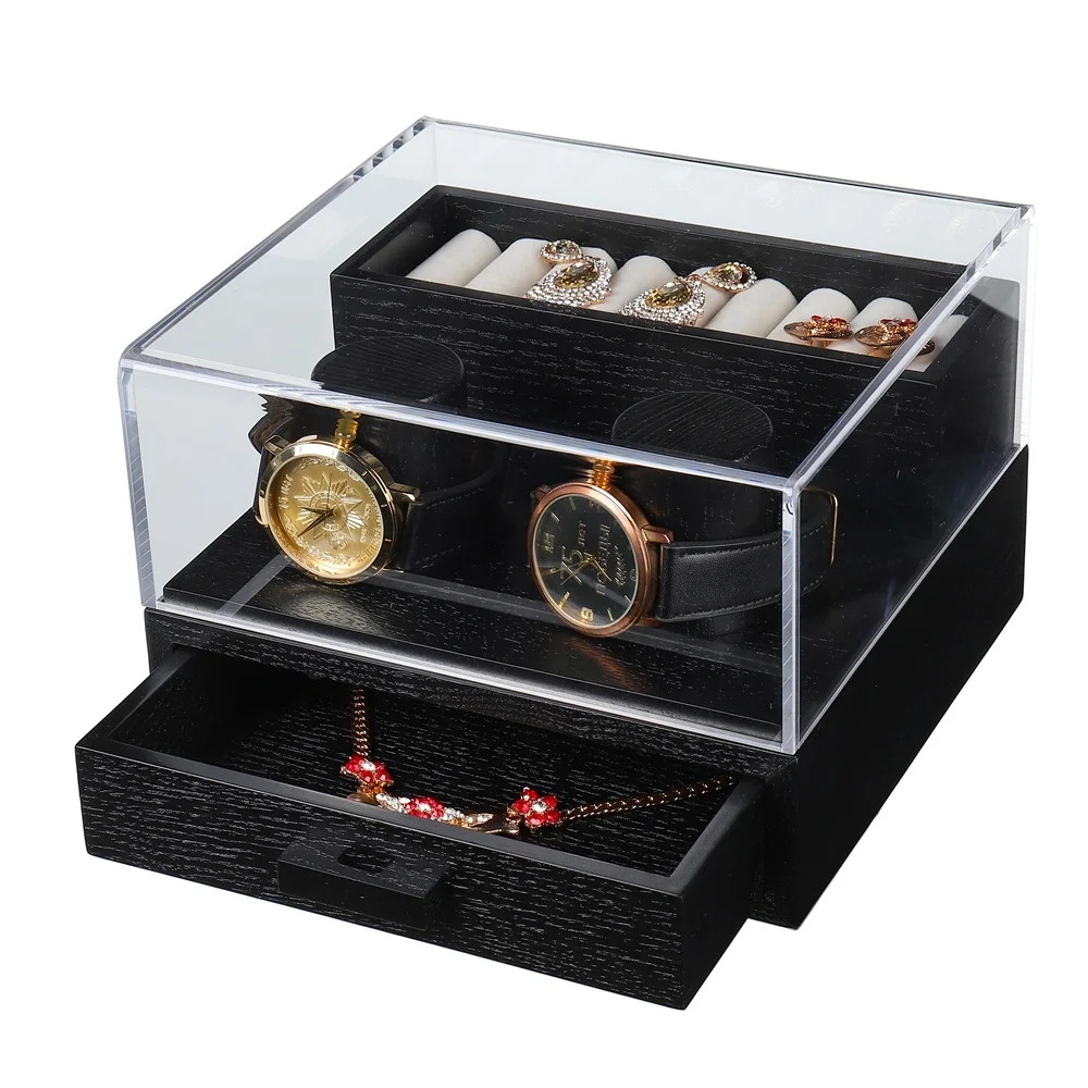 Factory Direct 2 Slot Wooden Watch Display Case Luxury Gift Wrist Watch Storage Box with Acrylic Clear Lid