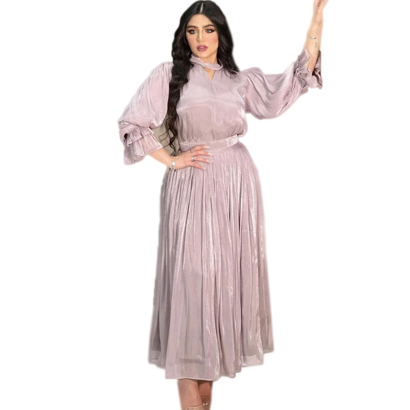 Islamic clothing lady dubai abaya satin silk high waist belt pleated Muslim women modest dress