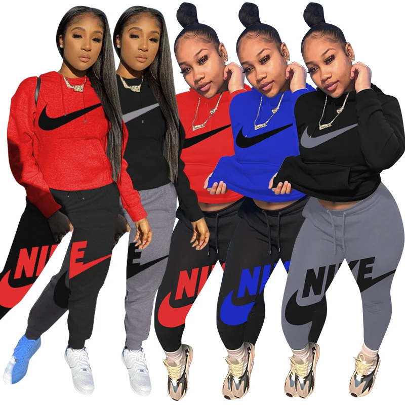 Hot Sale Winter Solid Color Long Sleeve Embroidery Nike Hooded Sportswear Patchwork Women Running Sports Pleated Pants 2 Pcs Set