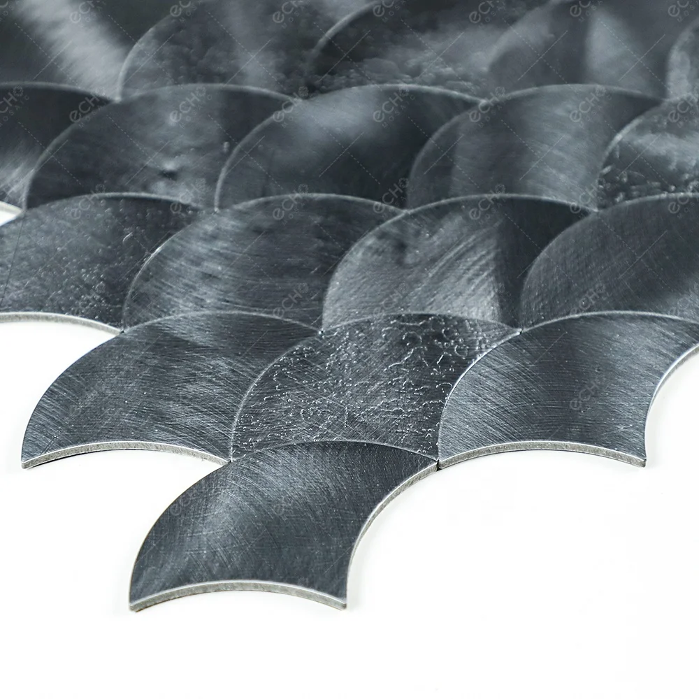 Embossed Fish Scale Gunmetal Gray Aluminum Mosaic Peel and Stick Metal Tile Backsplash for Camper Rental House Decoration