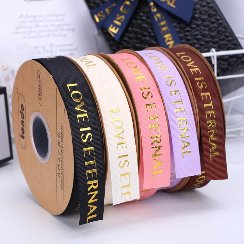 Custom Brand Logo ribbed band Garment Print Label Ribbon With Logo 3D Gold Foil Branded for Packing Decoration, Wedding, Gift