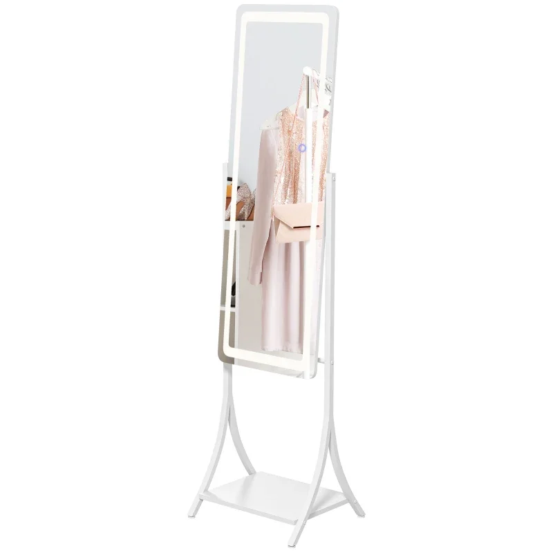 Free Standing Dressing Mirror with LED Lights, Full Length Mirror with 3 Temperature Colours and Storage Shelf Customized Silver