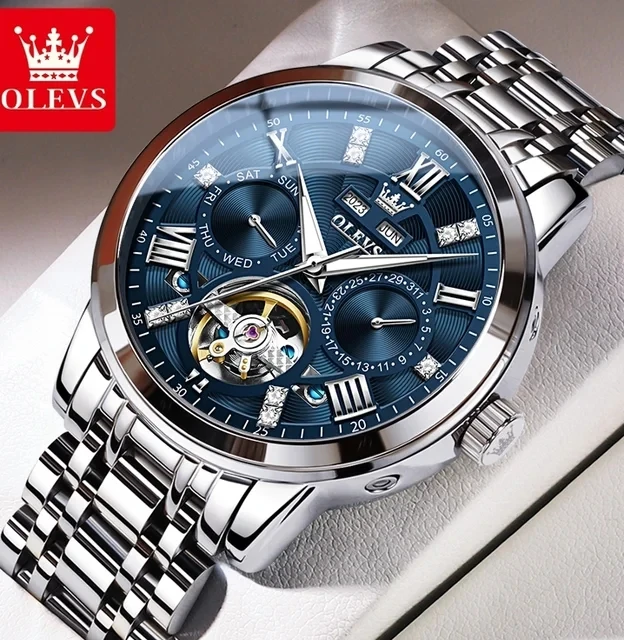 OLEVS 6701  Full Automatic Watch For Men Stainless Steel Business Luminous Multifunction Hollow Tourbillon Mechanical Watches