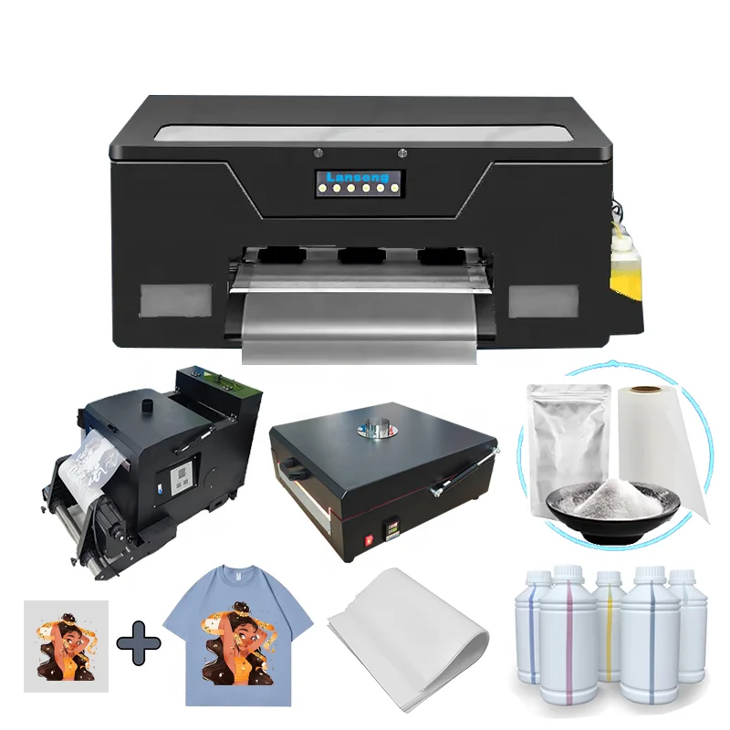 Lansong 350mm Tshirt Heat Transfer Printing Machine Single Head XP600 Pet Film A3 DTF Inkjet Printer With Oven and Powder Shaker