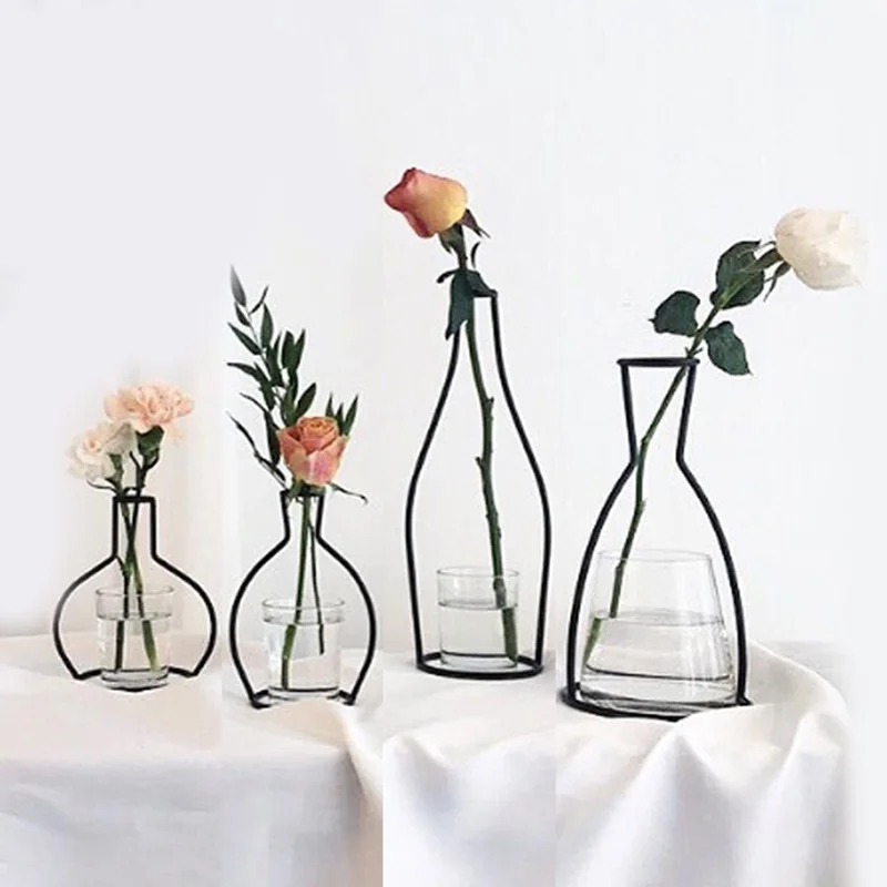 Оптовая продажа, черная железная проволока, металлическая ваза для цветов OXGIFT, без стеклянной чашки
