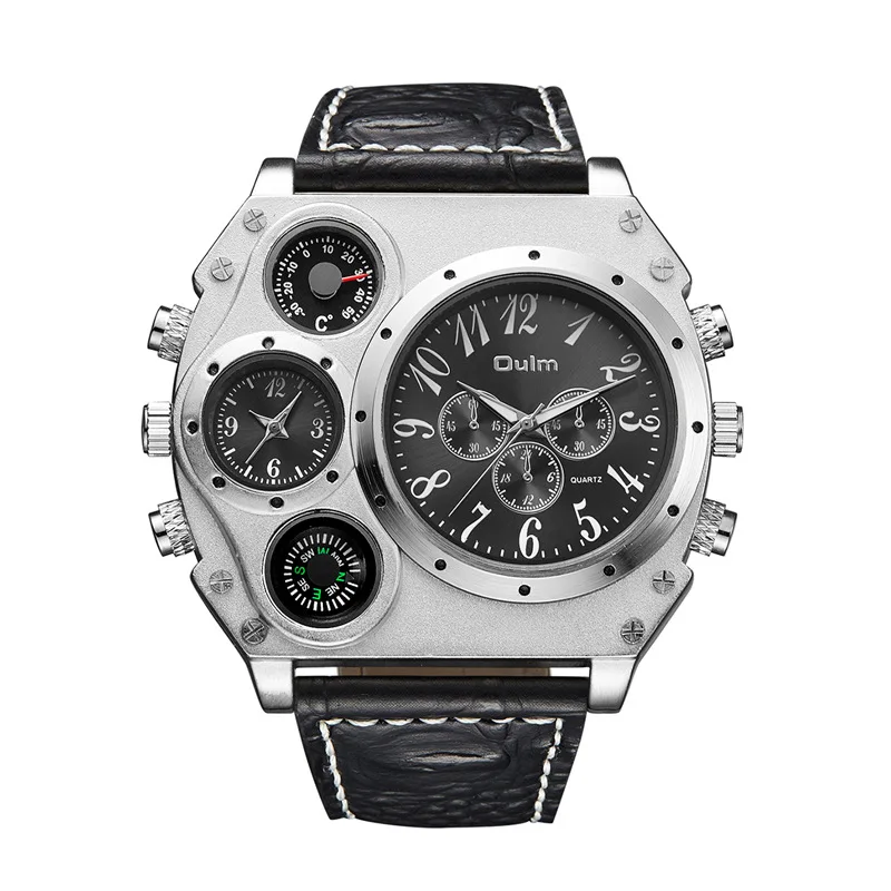 Oulm Hp1349 Luxury Leather Strap Luminous Military Multifunction Mens Style Large Dial Casual Alloy Quartz Watches