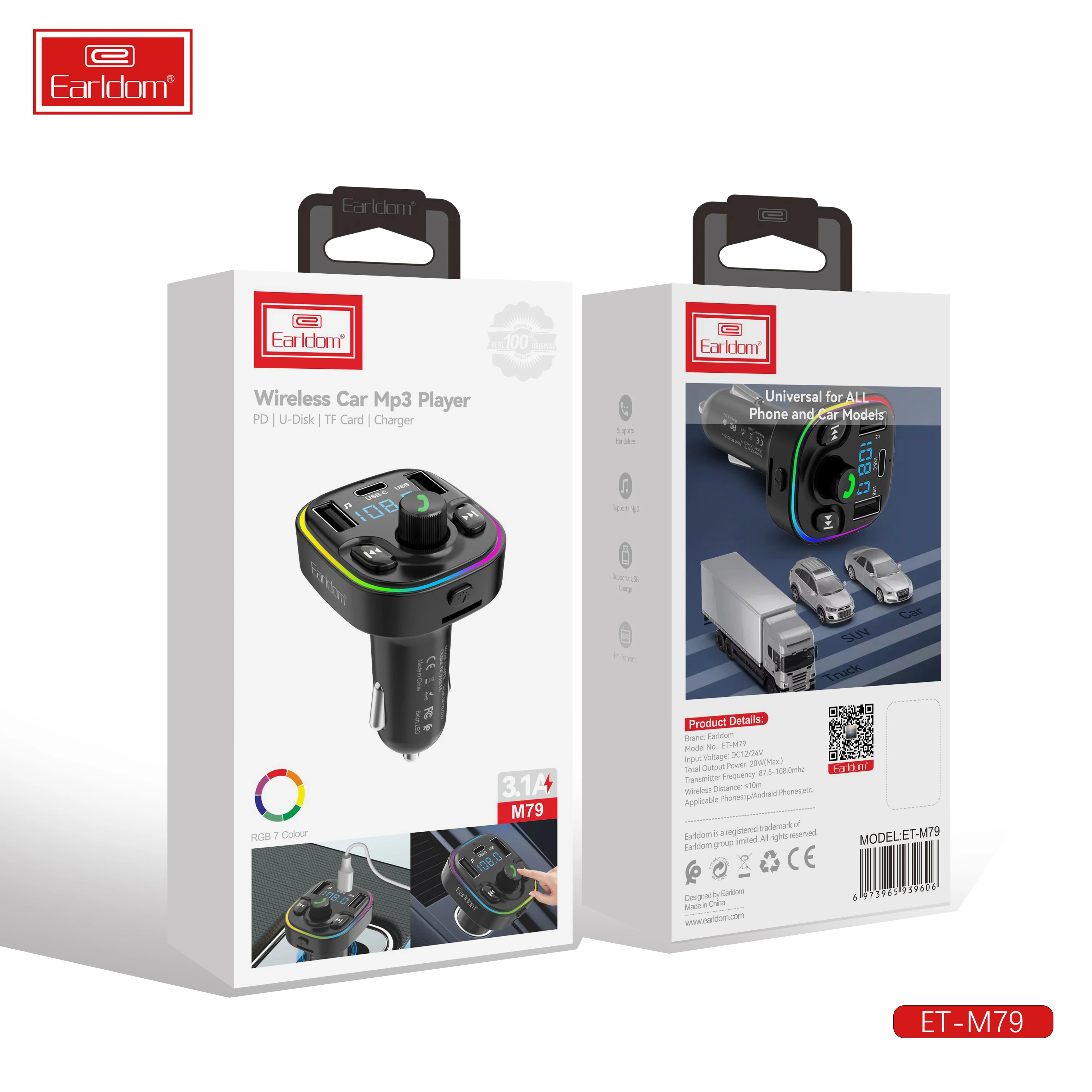 Earldom 7 Color TF Dual USB c handsfree Fast Car charger Audio car kit fm transmitter Wireless Bluetooth fm transmitter For Car