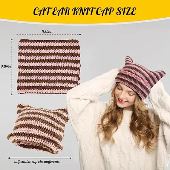 Wool Beanie Slouchy Knitted Hat with Customizable Size LOGO Cute Cat Ear Warm Super Soft Striped Women's Winter Dobby Unisex