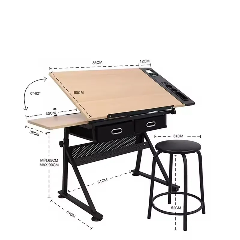 Adjustable Height Engineering Tiltable Drafting Desk Architecture Drawing Table With Drawer