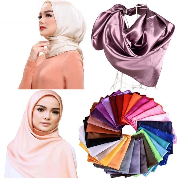 Hijab square satin scarf solid custom hijab shawl polyester square neckerchief 90*90 silk hijab scarf