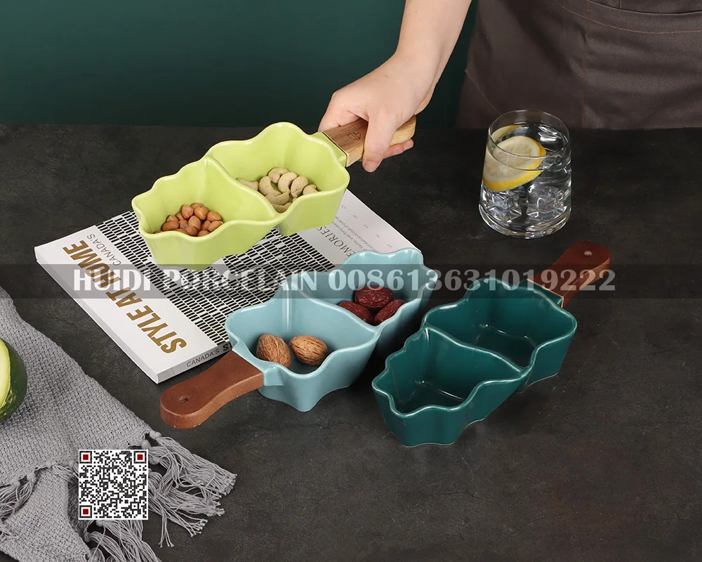 New design 2 compartment ceramic porcelain divided snack serving dish bowl serving ware ceramic