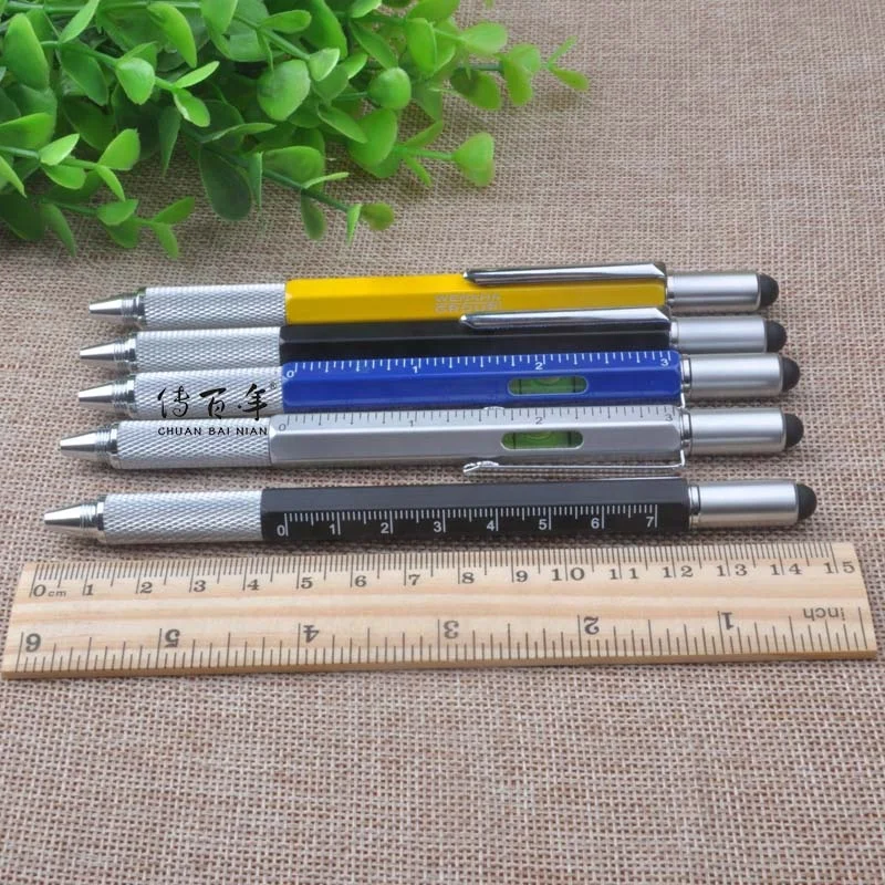 High Quality 6 in 1 Multifunction Metal Tool Pen With Stylus,Gradienter,Ruler,Screwdriver