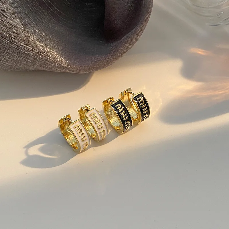 Brass Trendy Oem Odm Fashion  Gold Plated Letter Miu Brand Colorful Dripping Glaze Hoop Stud Earrings For Women