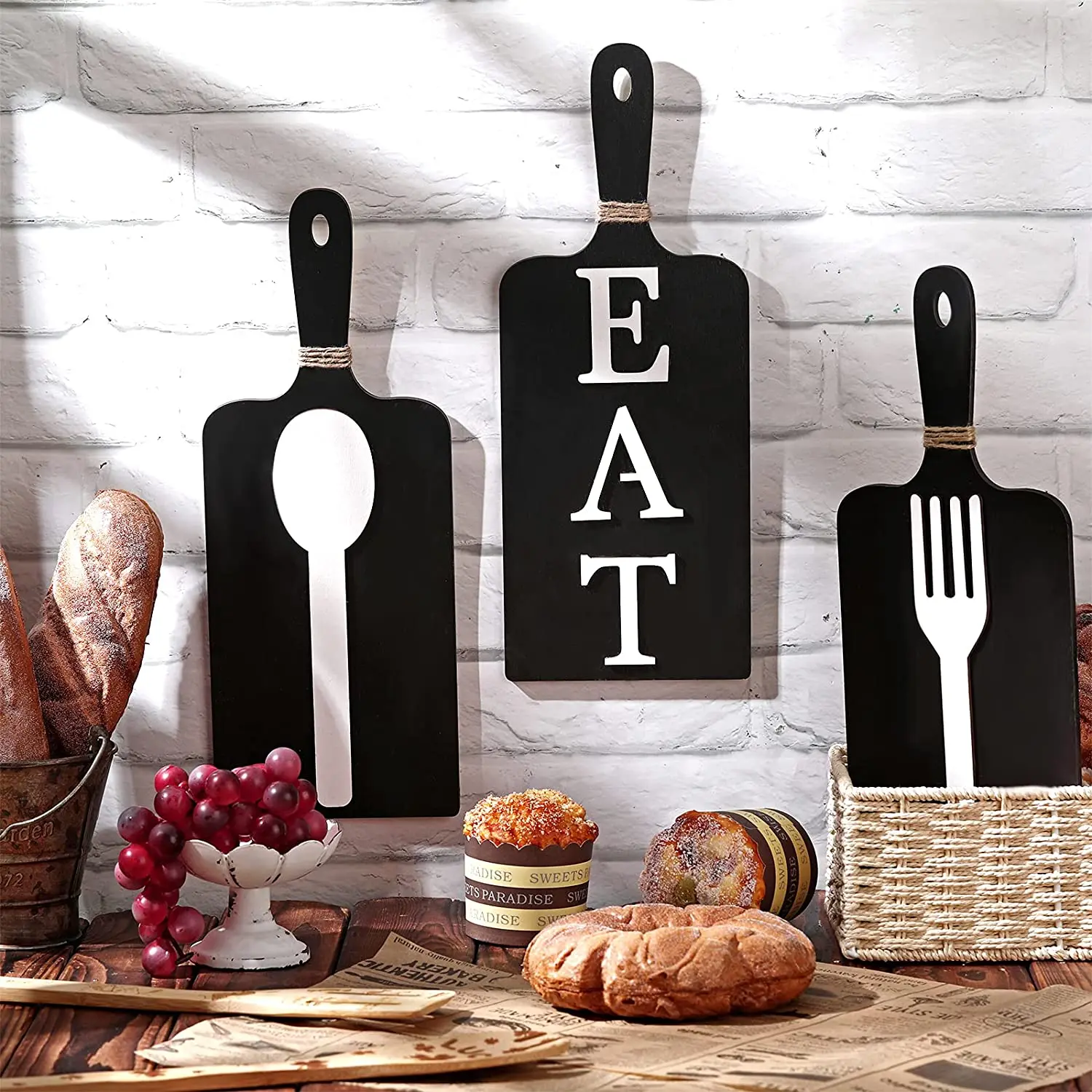 3 Pieces Rustic Farmhouse Fork Spoon Wall Hanging Cutting Board Eat Wood Sign