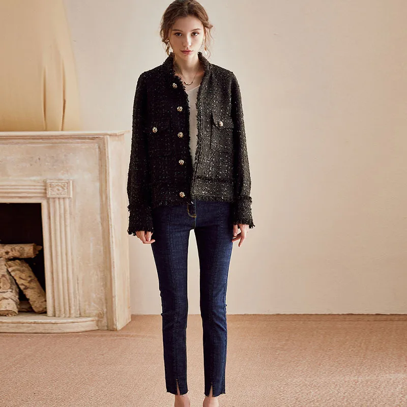 
Autumn and winter Tweed small fragrance black short loose long sleeve black blazer 