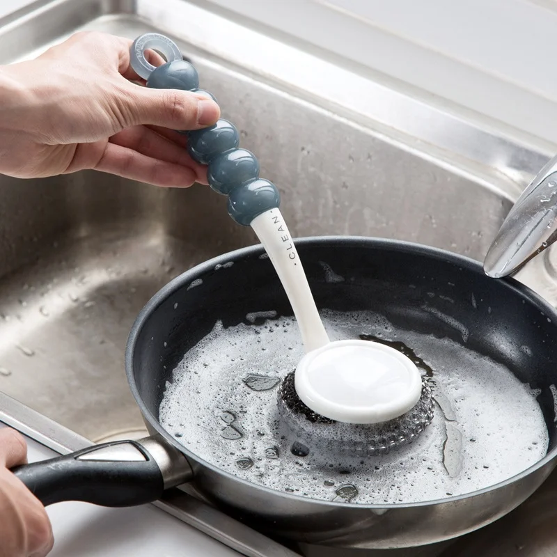 Kitchen Plastic Cleaning Scrubber Metal Wire Ball Dish Brush Wash Pot Brush With Long Handle
