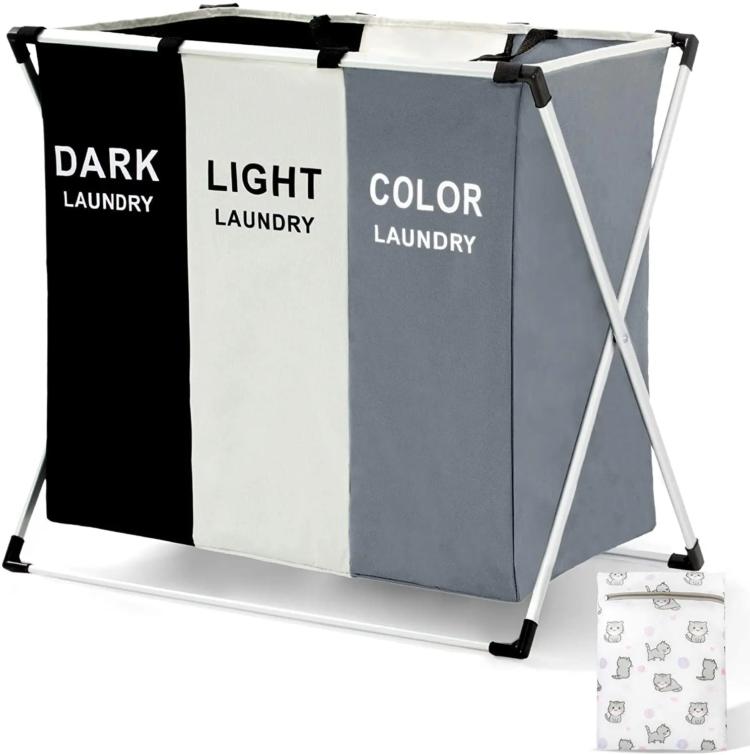Laundry Hamper Sorter Basket 3 Sections,with Waterproof Bag and Aluminum Frame