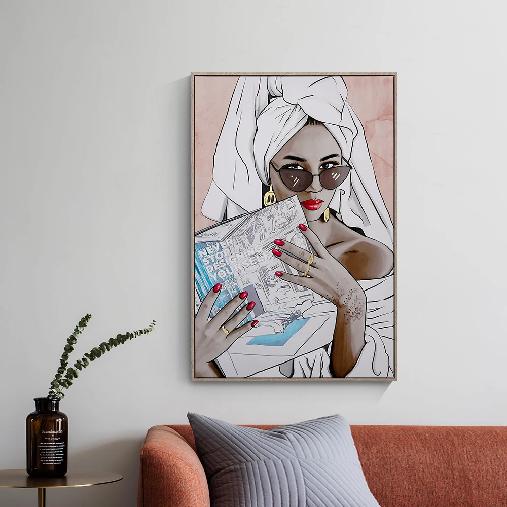 
Fashion pretty lady digital printing canvas with gold foil floater box framed art work for room wall decor 