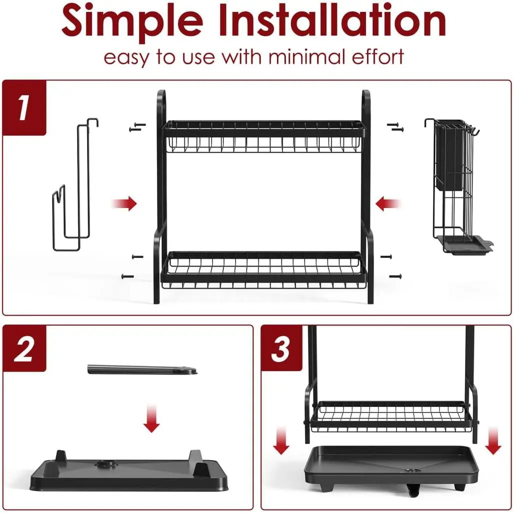 2 Layer Large Capacity Rustproof Space-Saving Multipurpose Dish Drying Rack for Countertop Kitchen Counter with Utensil Holder