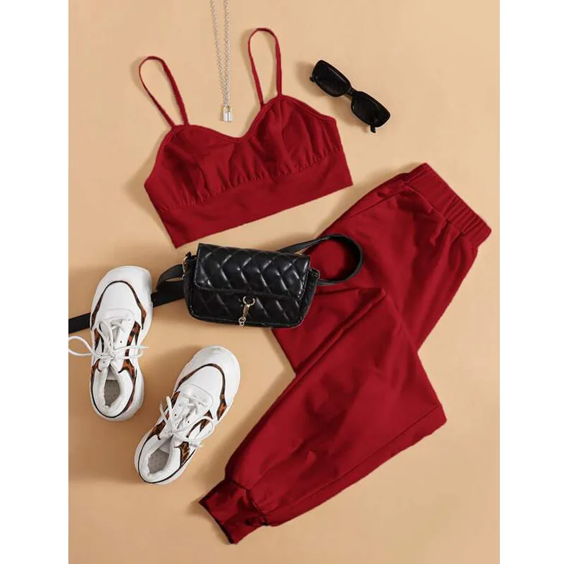 Wholesale Price Women Summer High Quality Cotton Camisole Trousers Two Piece Outfits Set Solid Crop Cami Top &