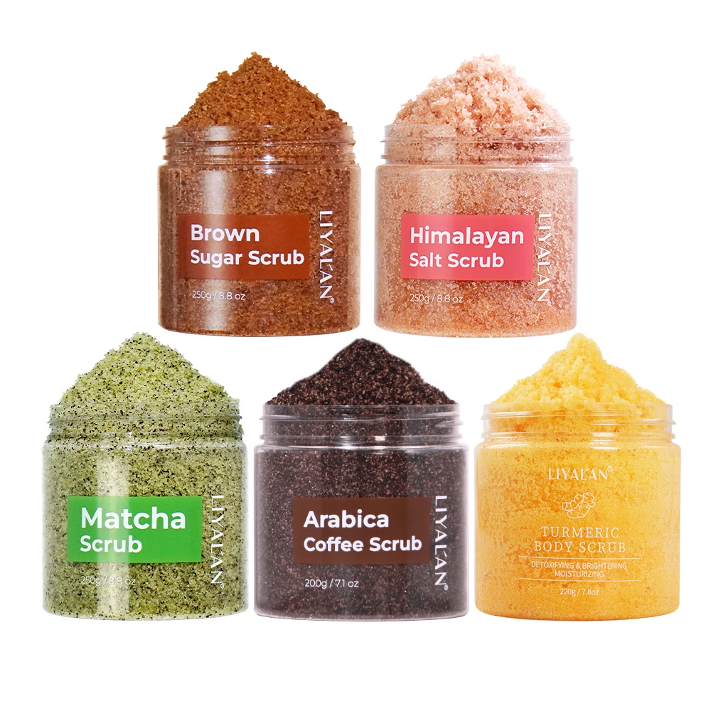 Private Label Bulk Exfoliating Lightening Brown Sugar Dead Sea Salt Matcha Arabica Coffee Turmeric Body scrub