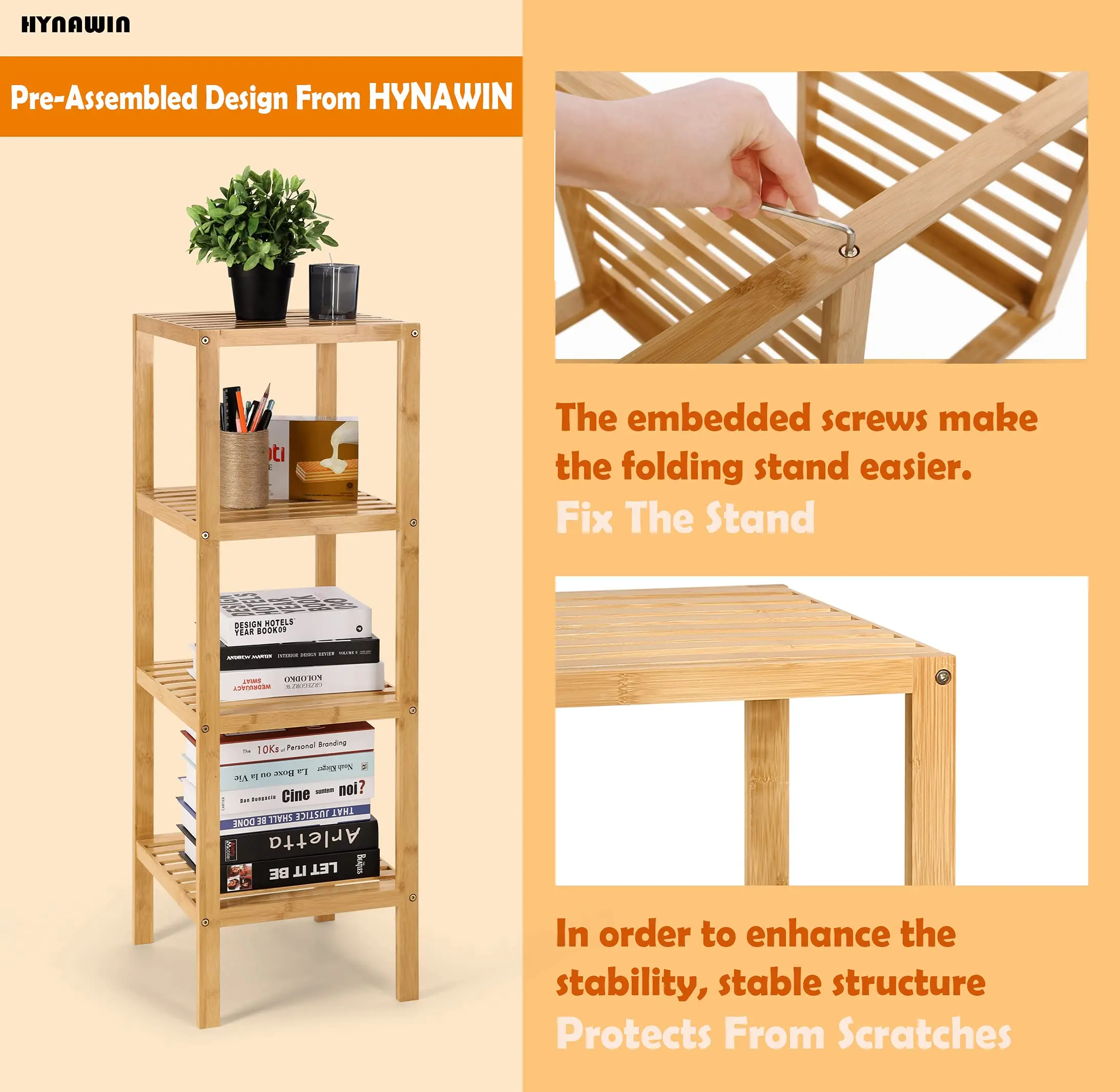 Bamboo Book Shelf 4-Tier Wood Bookcase Free Standing Book Shelves Organization Multifunction Bookshelf Plant Stand