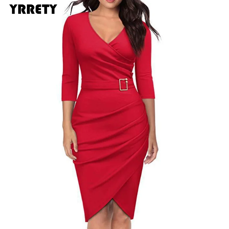 
Женское платье-карандаш YRRETY с V-образным вырезом, однотонное Деловое платье на молнии с поясом, офисное платье с рукавом 3/4 для ужина и вечеринки, женское платье в офисном стиле 