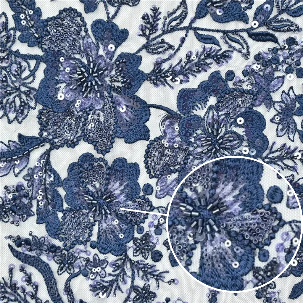 Factory custom African navy blue fabric hand beaded and sequined floral vintage embroidery tulle lace fabric