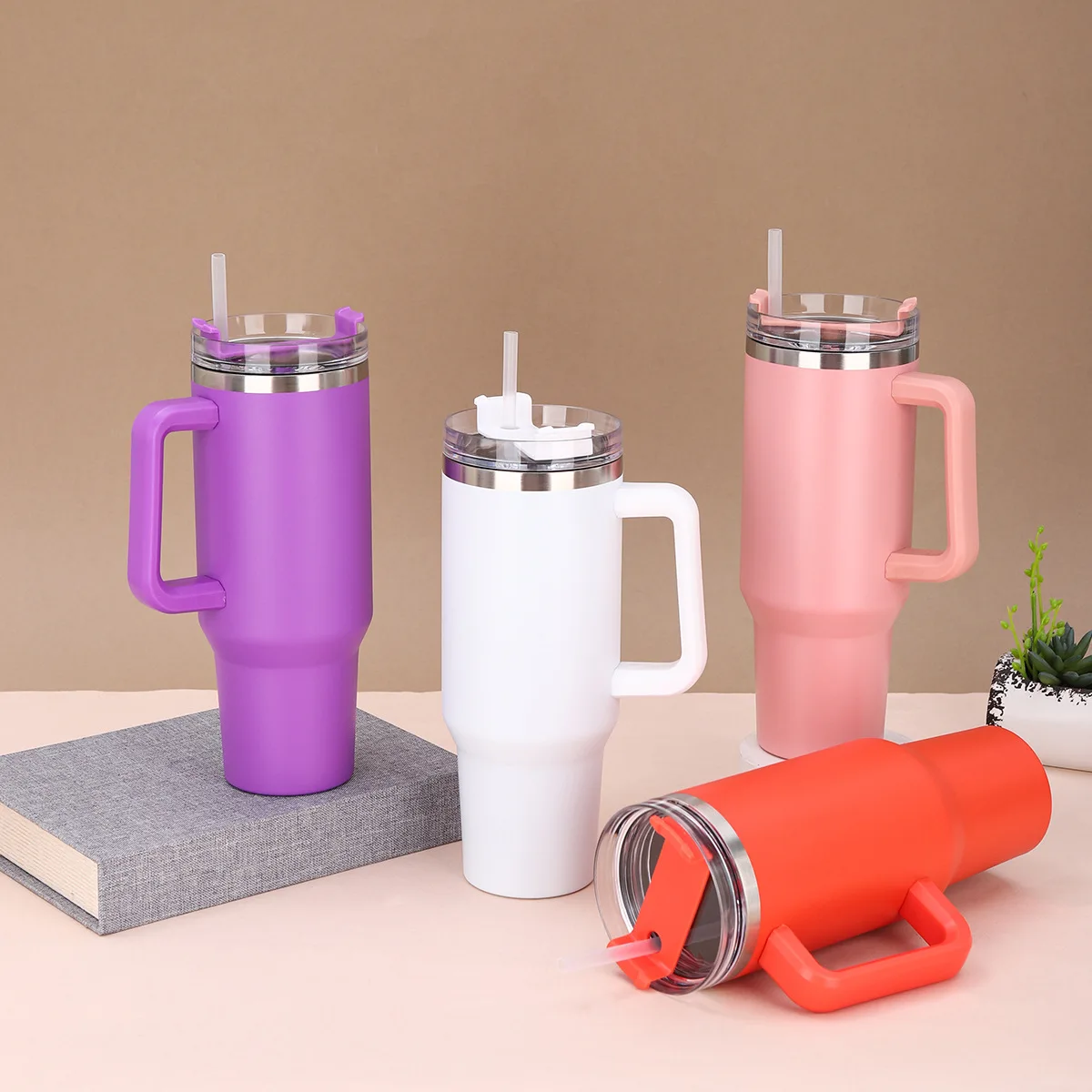 Large Capacity Portable Stainless Steel Car Cup with Handle Double-Layer Vehicle-mounted Vacuum Insulated Straw Cups