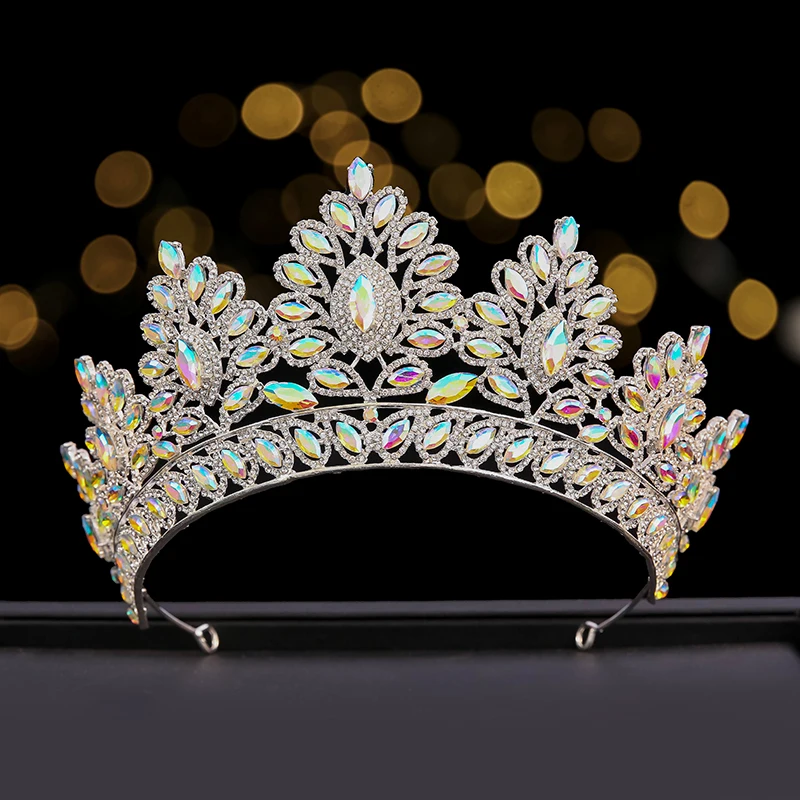 cheap large beauty queen crowns tall bridal wedding tiaras colorful AB leaf crystal crown for king