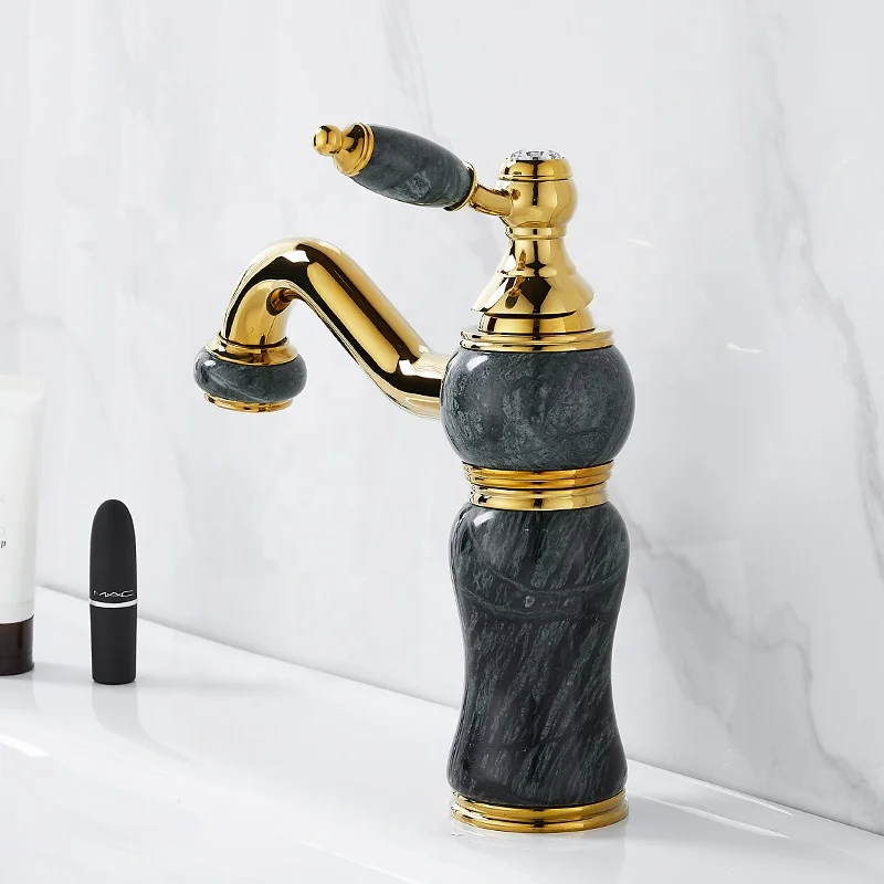 brass body gold plated bathroom basin mixer dark green jade wash basin tap