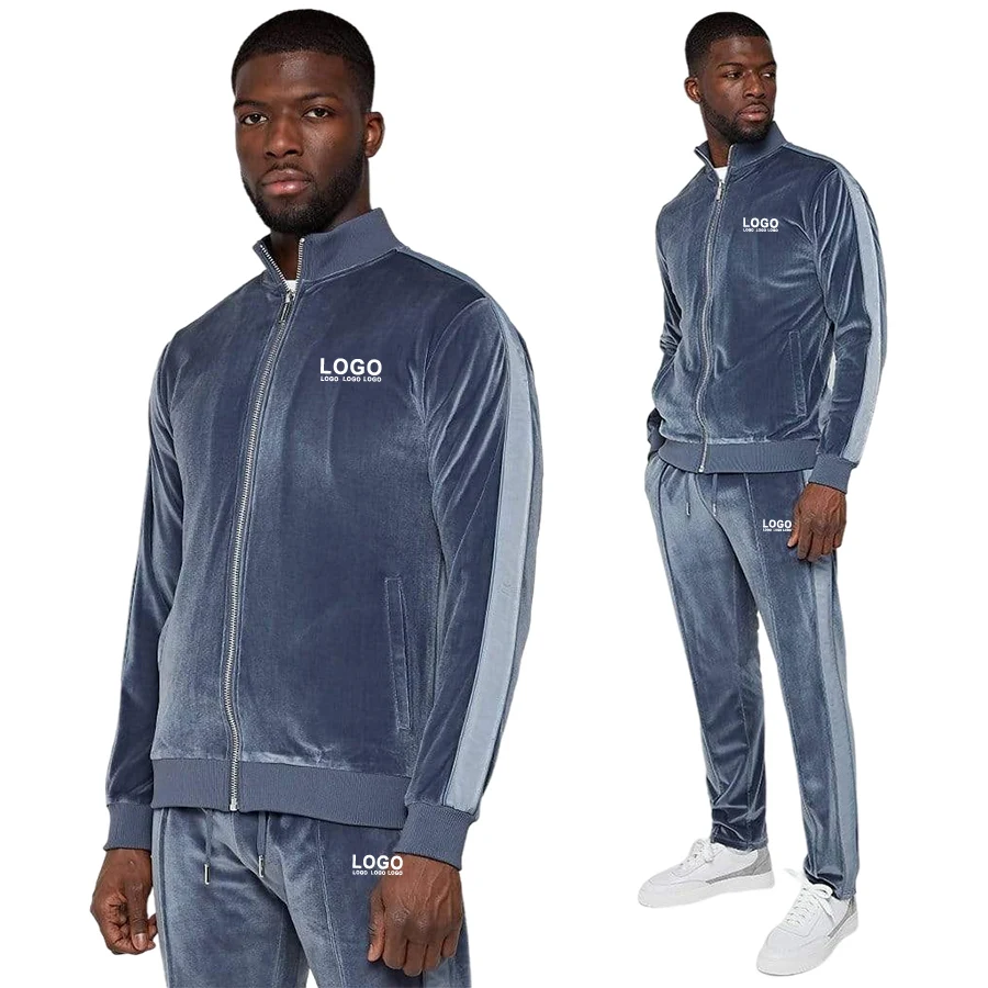private label slim fit velvet velour fleece men zip two piece sweatsuit set sweat track suit tracksuit