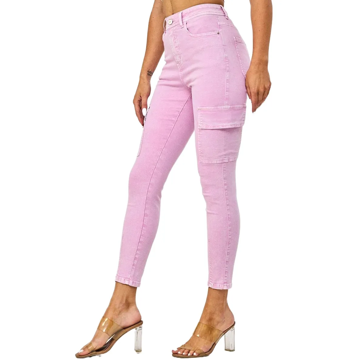Wholesale Women Denim Fabric Slim Cargo Pants High Quality Ladies High Waist Design Pink Skinny Jeans