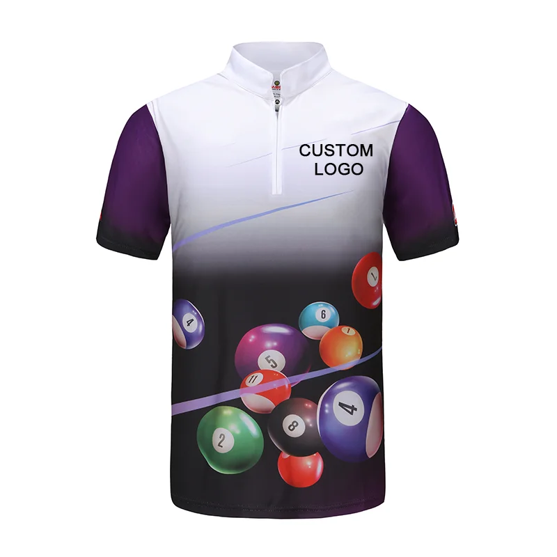 High quality wholesale 140gsm 100% polyester interlock sport theme billiard zipper custom logo sublimation tshirts for men