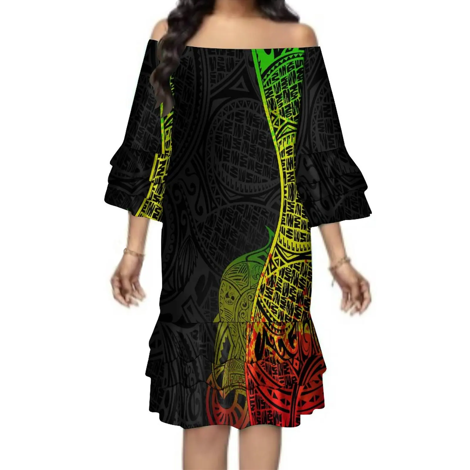 New Summer 3/4 Sleeves Women Casual Dresses Custom Reggae Polynesian Tribal Rasta Clothing Layered Pleated Sexy Sweet Mini Dress