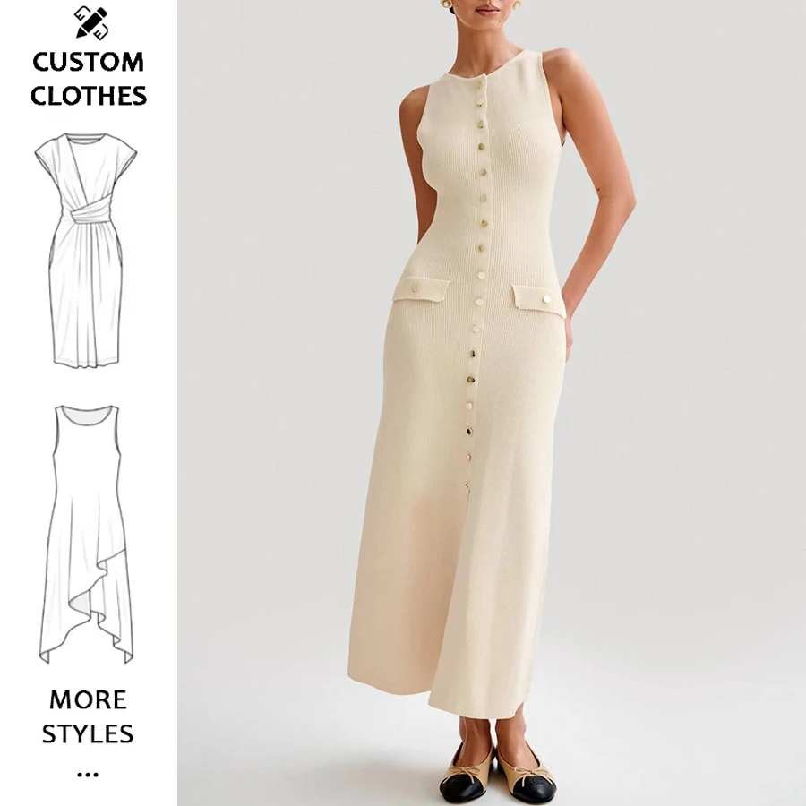 High quality ladies Slim sleeveless knit crew neck single breasted maxi casual dress women