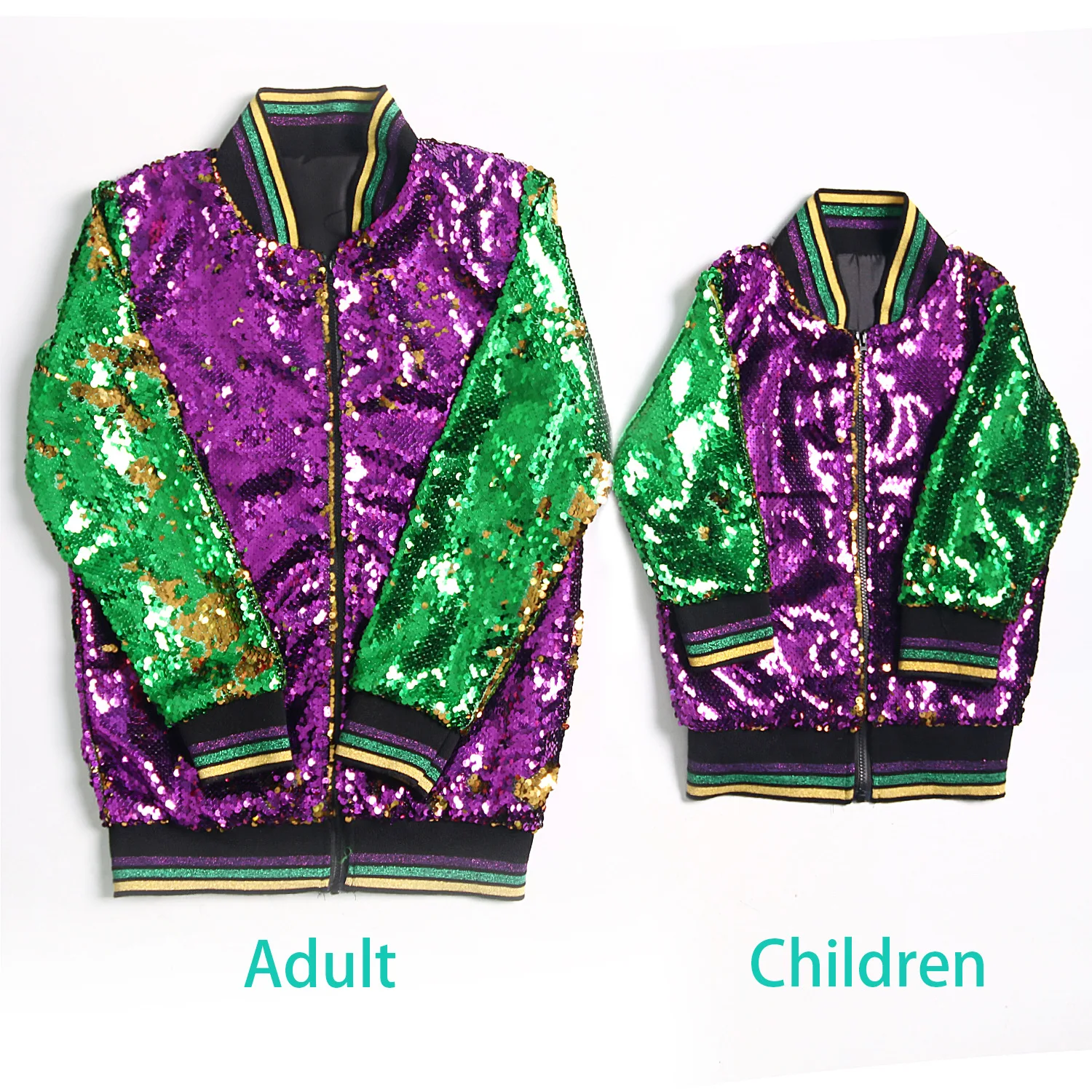 Rarewe Wholesale Mardi Gras Clothes Girls Festival Zipper Shiny Coat Green Gold Purple Reversible Sequin kid mardi gras Jackets