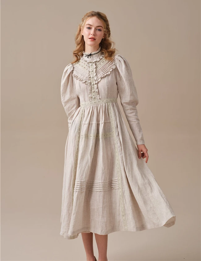 2024 Winter Vintage Custom Women White Ruffle Long Sleeve 100% Linen Midi Dress