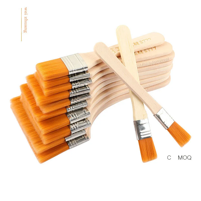 Hot selling wooden handle paint flat head brush nylon flat head brush set 12 sizes