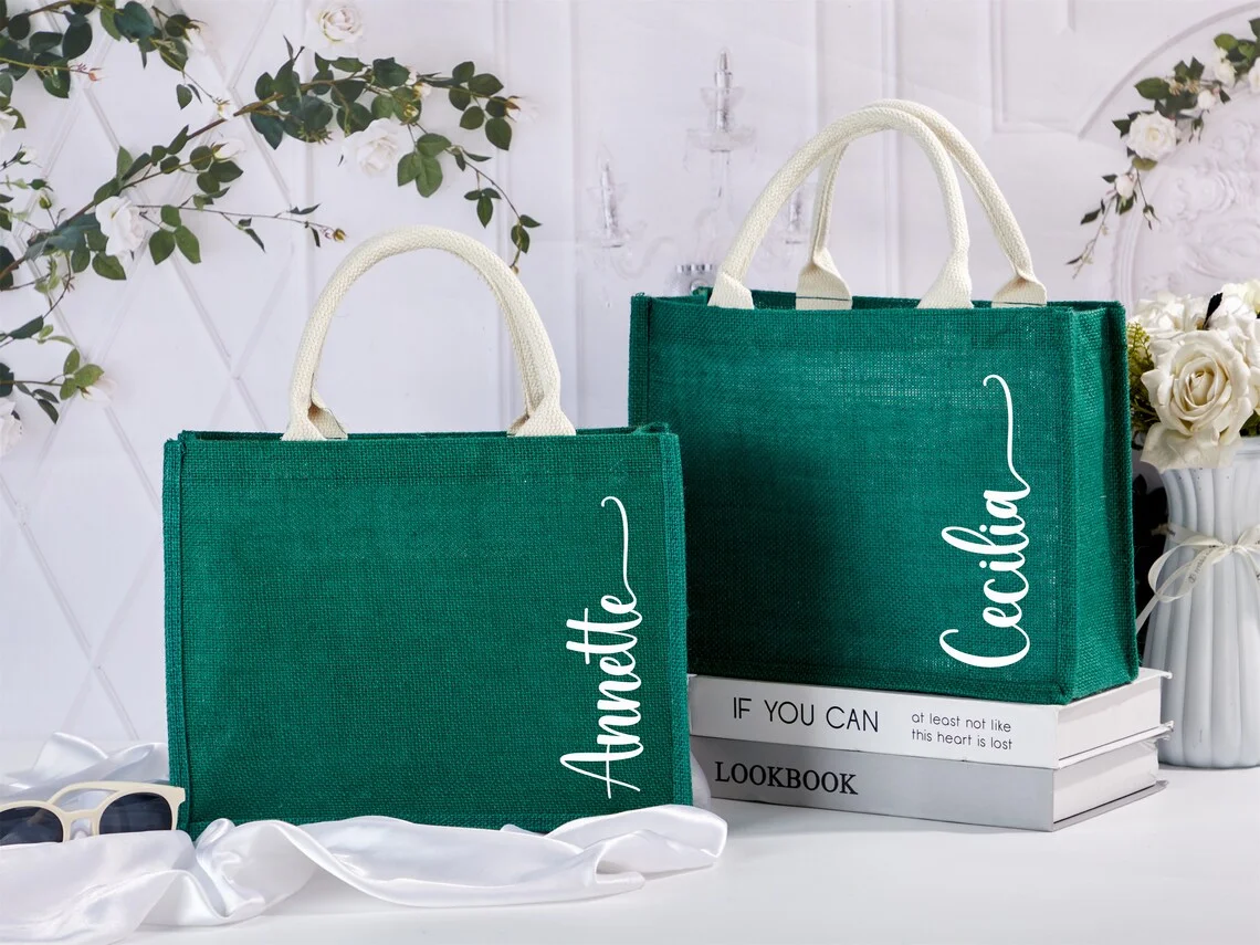 eco green laminated jute bag custom logo Bridesmaid Burlap Tote gift Bags, Bridesmaid Gift Tote Bag, Bachelorette Party Tote