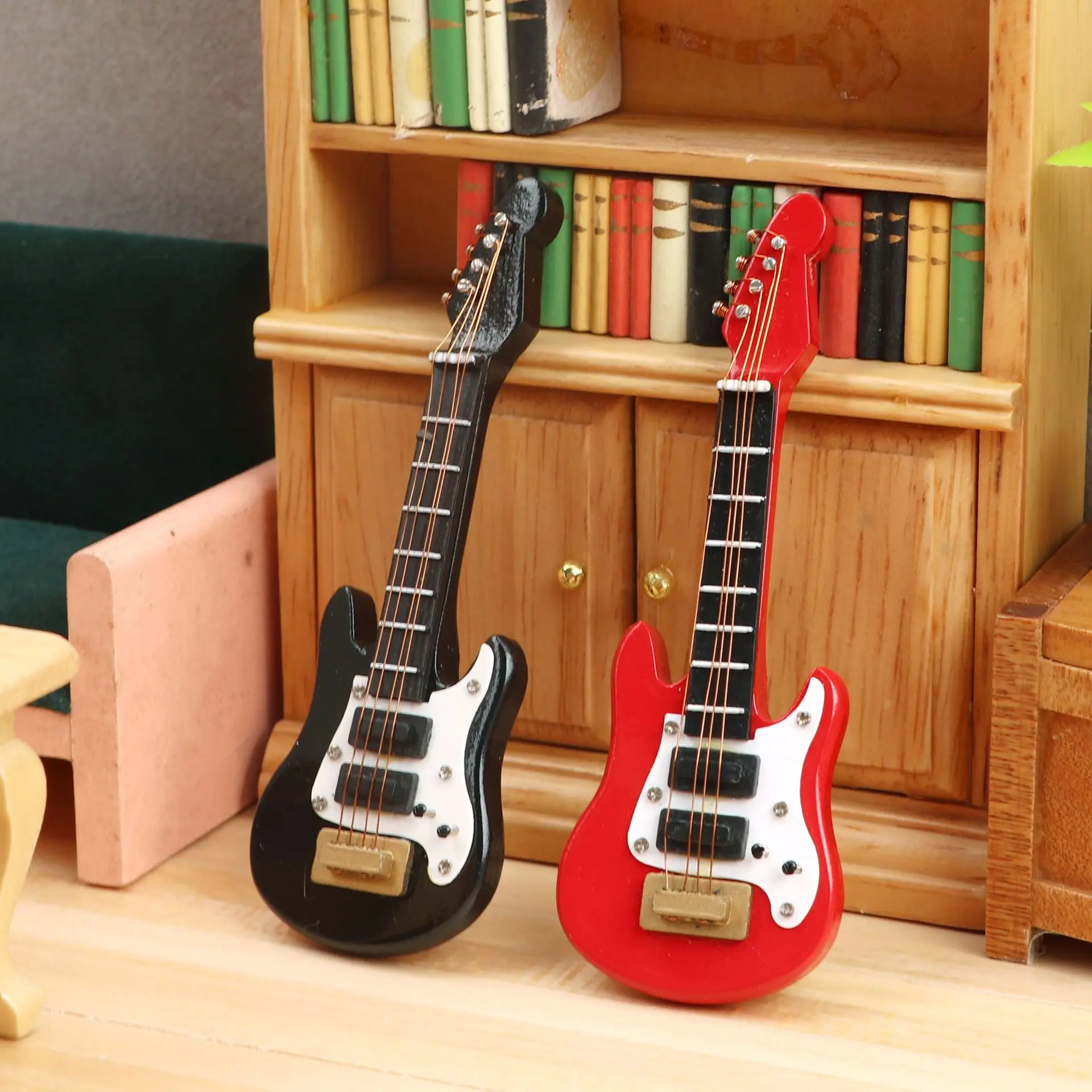 Dollhouse Mini Musical Instrument Wood Bass Guitar Model Ornament Miniature Guitar for Birthday Gifts