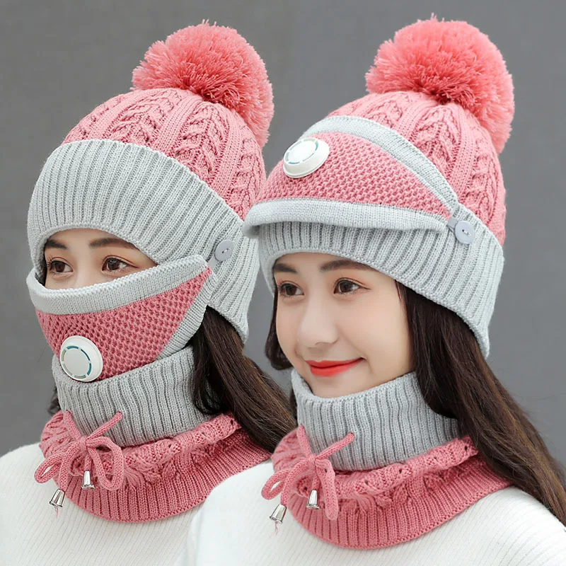 Slouchy Snow Knit Cap Infinity Scarves for Women POM POM Beanie Hat Scarf with breather valve