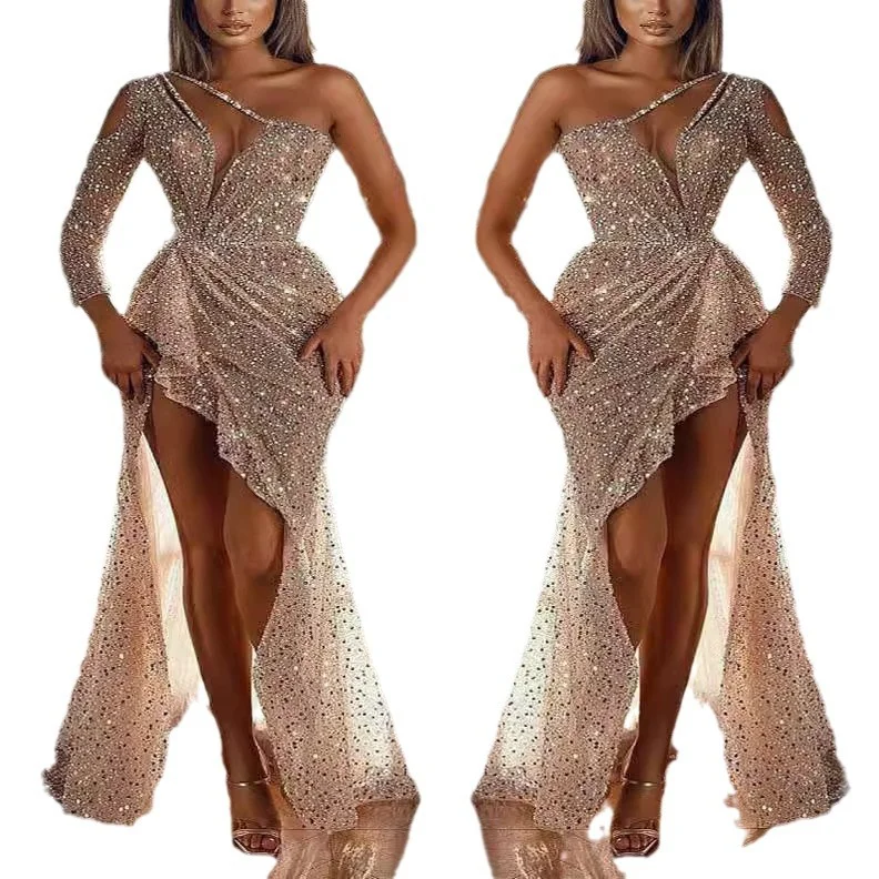 Luxury Autumn Winter Trending Women Sexy Night Club Sequins Shinning Ball Prom Gown Party Bridesmaid Dresses Golden One-Shoulder