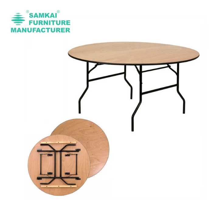 SK-ZDZ-F004 Luxury Round Wood Banquet Table 48in Foldable with Reinforced Metal Frame for Elegant Occasions