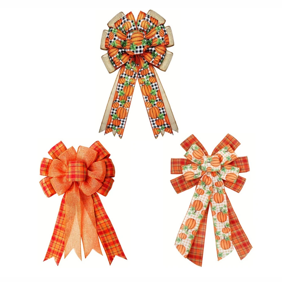 HB-101 Yellow Pumpkin Leaf Fall Bow for Wreath Autumn Thanksgiving Decor