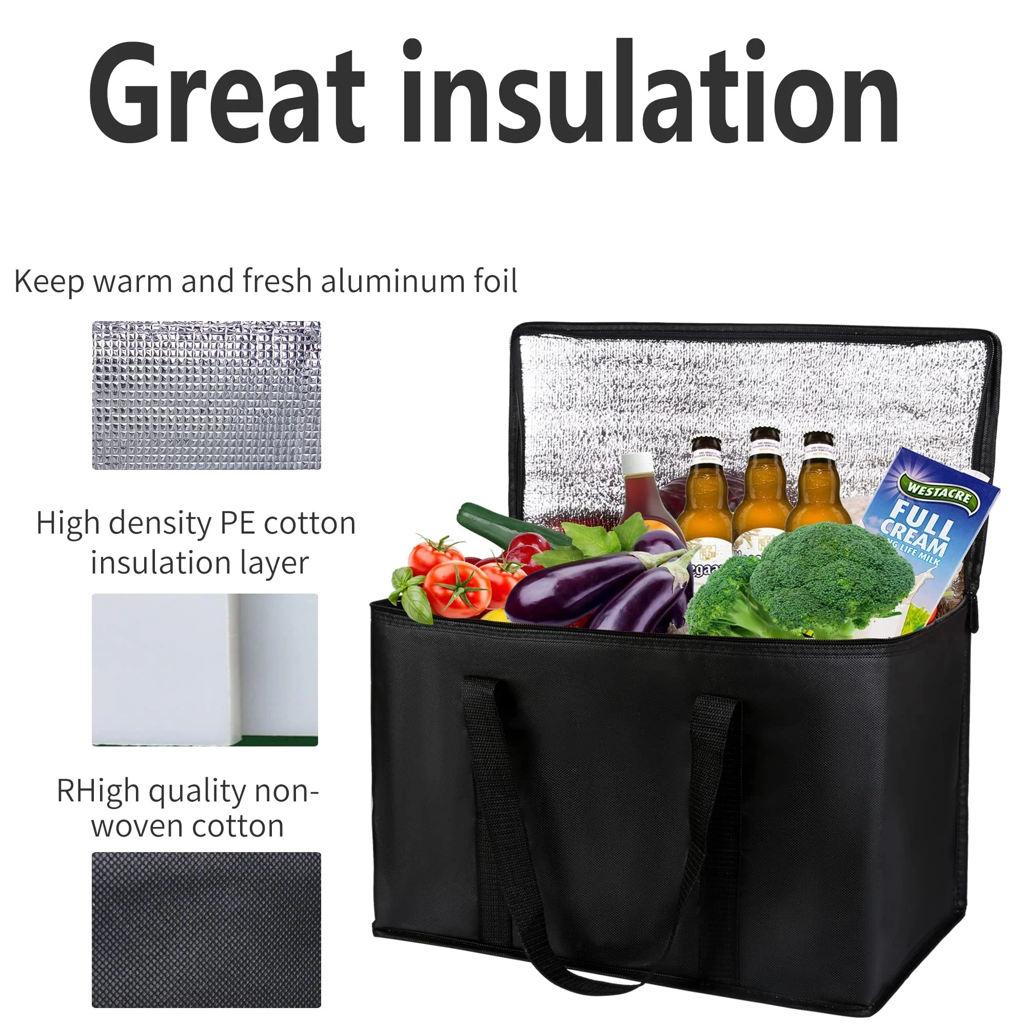 Hot Sale Aluminum Foil Waterproof Heavy Duty Additional Bottom Plate Black Big Insulated Food Delivery Bag With Sturdy Zipper