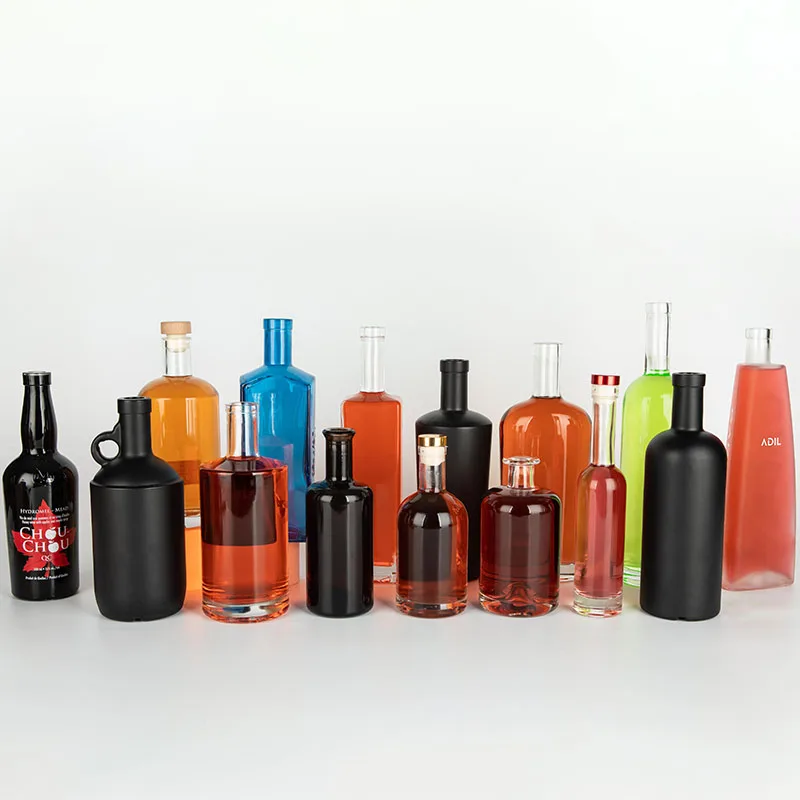 Bulk Custom Label Blue Clear Black Square Round Shaped Cork Stopper 750 ml Liquor Whiskey Vodka Rum Gin Tequila Glass Bottles