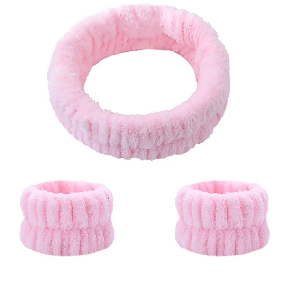 Soft Coral Fleece Fabric Hair Band Light Pink Elastic Headband and Wrist Band for Washing Face